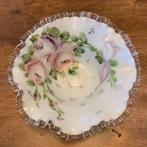 Vintage Fenton Silver Crest Crimped Edge Bowl Hand Painted with Charleton Design